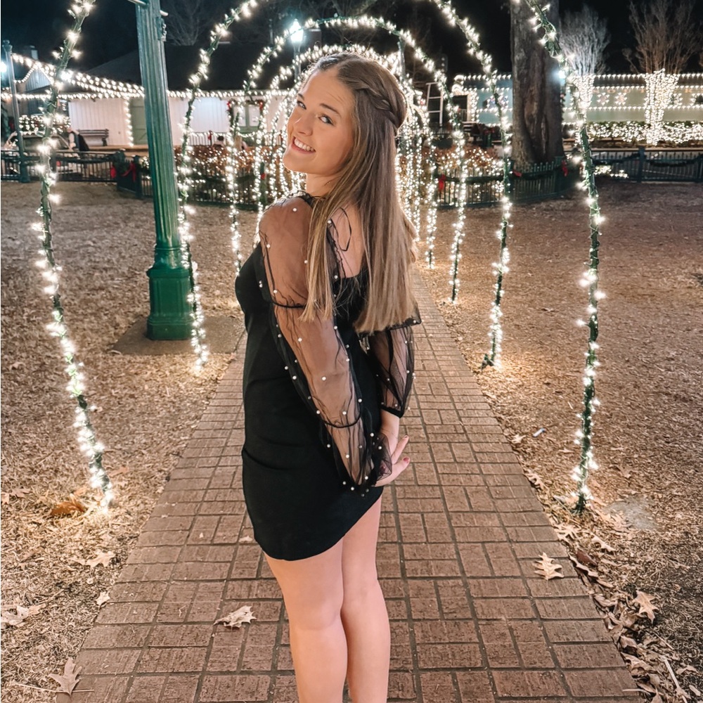 Black Mini Dress with Pearl-Studded Sheer Sleeves